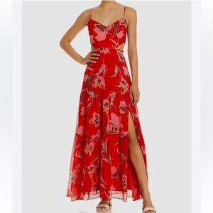Milly Wilda Red Floral Print Sleeveless Cut Out Slit Maxi Dress Size 2 EUC